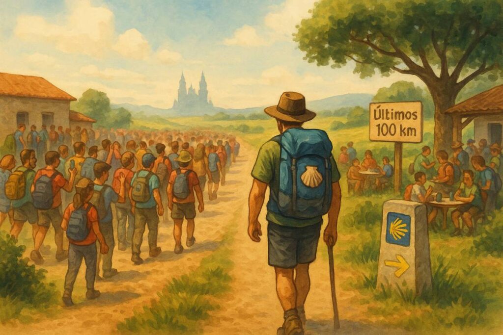 A imagem representa a aglomeração dos últimos dias de peregrinação no Caminho de Santiago